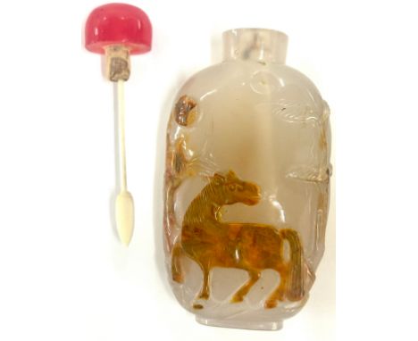 Carved agate vintage Chinese snuff bottle, relief carving of horse, natural coral stopper, Height Height 7.5cm, width 4cm