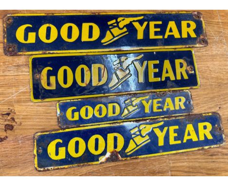 Selection of Four Vintage Good Year enamel signs, largest measures Length 12 inches, Height 2.5 inches