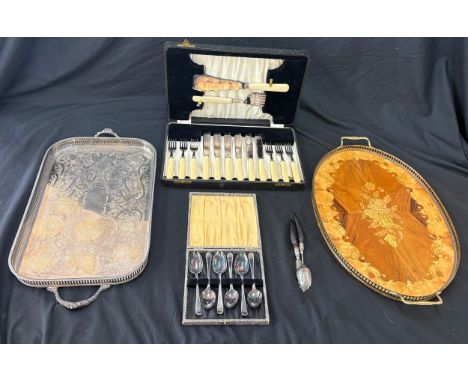 2 vintage EPNS trays, 2 cased set of EPNS cutlery and a matching knife and spoon