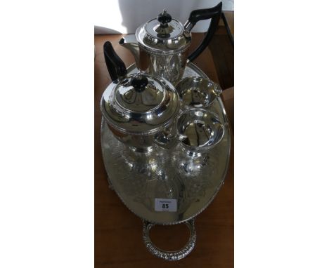 A silver-plated four piece tea service, together with accompanying galleried tray 