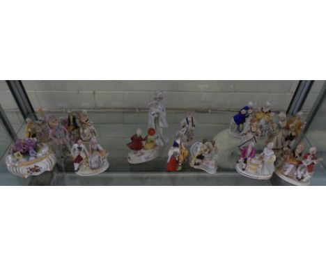 A mixed lot of Continental figure groups, floral covered trinket box and other assorted items (15) 