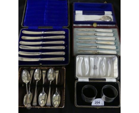 A mixed lot of various silver items, comprising a cased set of six mother of pearl handled and silver bladed fruit knives tog