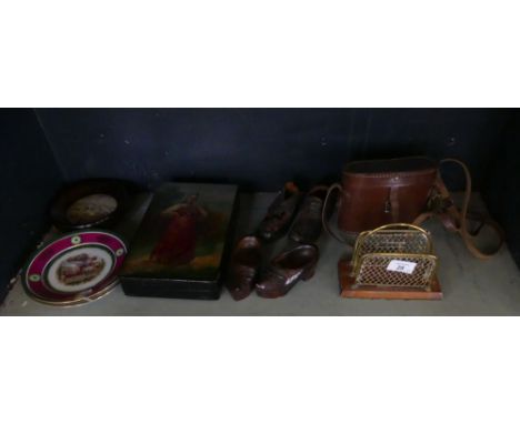 A mixed lot comprising cased binoculars vintage children's shoes and cloggs, a lacquered box, two Czechoslovakian gilt decora