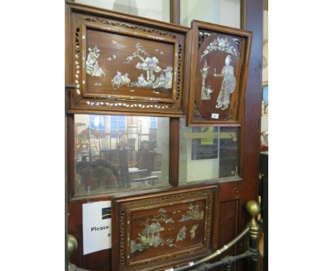 Three Chinese hardwood and mother of pearl inlaid panels 