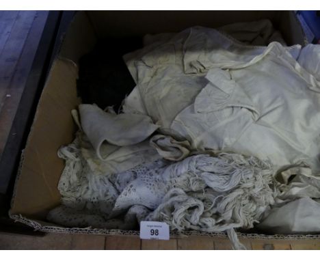 A mixed lot of various vintage clothing and linen waresMourning shawl2 x cotton/linen dressesvarious cushion coversmink head 