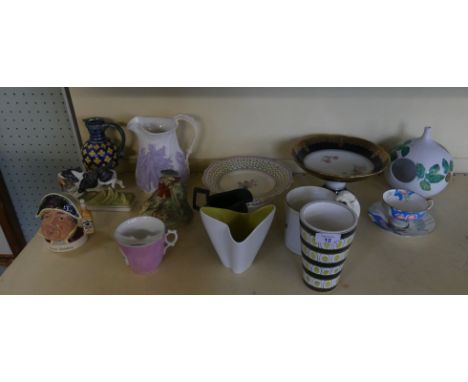 A group of mixed ceramics to include a Minton Majolica type jug of baluster form, Royal Doulton Valleta cup and saucer, a Roy