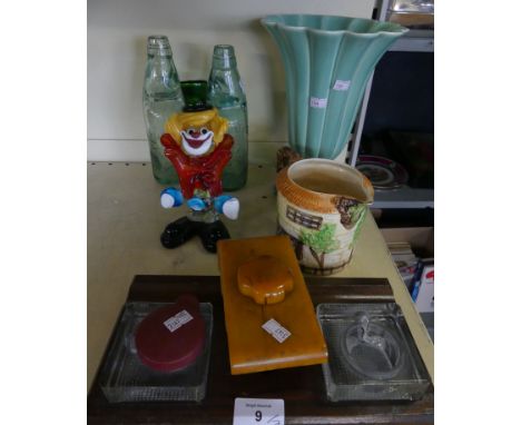 A mixed lot comprising Murano glass clown, Clarice Cliff Newport pottery flared vase, vintage desk stand, blotter, Beswick wa