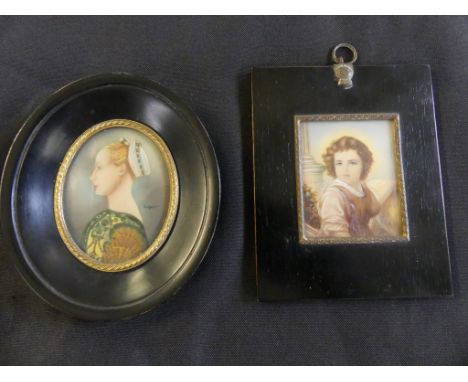 Two 20th Century portrait miniatures one set in oval frame the other a rectangular frame, one marked to the reverse Roberto d