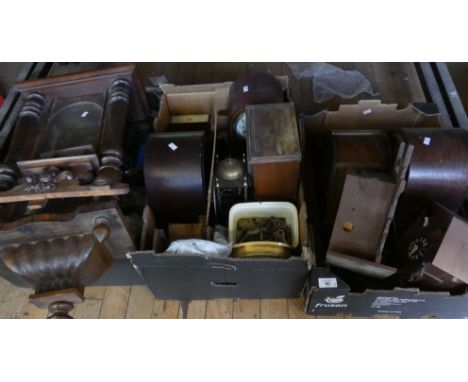 Three boxes of various mantel clocks, cuckoo clocks, clock parts, clock keys, a walnut Vienna clock case and other items 