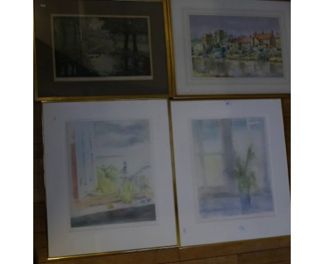 Sidney Buckley, a study of a riverside cottages and church, watercolour, signed lower right, framed and glazed, together with