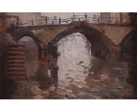 Belgian School, Cityscape with bridge, indistinctly signed (lower right), oil on panel.16 x 24 cm. 