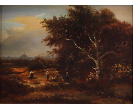 A. Hulzinga, 20th century, Landscape with workers near a large oak tree, signed (lower left), oil on panel.30 x 40 cm. 