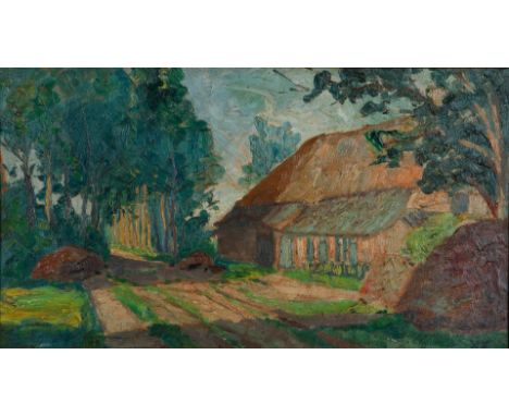 Jan Kruysen (Boxtel 1873 - 1938 Eindhoven), Farm on a country road, signed "XX" (lower right), oil on panel.33 x 60 cm. 