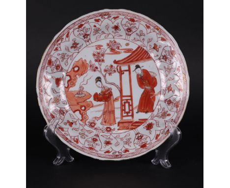 A porcelain milk-and-blood plate decorated with a man in a pavilion and a lady at an incense burner (Romance of the Western C