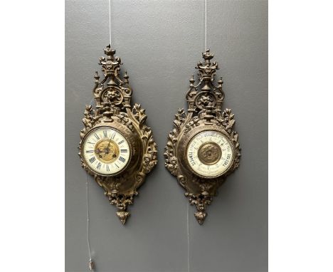 A rare set consisting of a cartel clock and ditto barometer, (a pair) Louis Philippe style, ca. 1890. Movement checked and wo