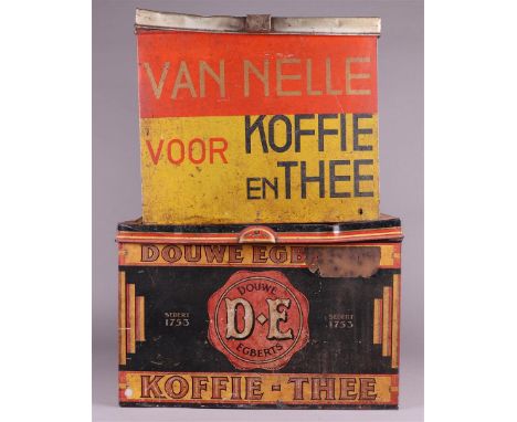 A lot of two vintage stock tins by Van Nelle and Douwe Egberts. Dented.Diam.: 47 &amp; 42 cm.