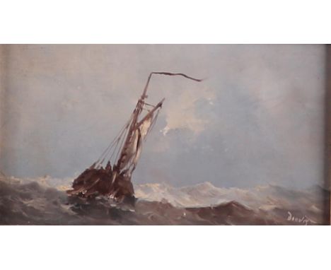 French School, 20th century, Shiping&nbsp;on a rough, indistinctly signed (lower right), oil on panel.12 x 19 cm. 