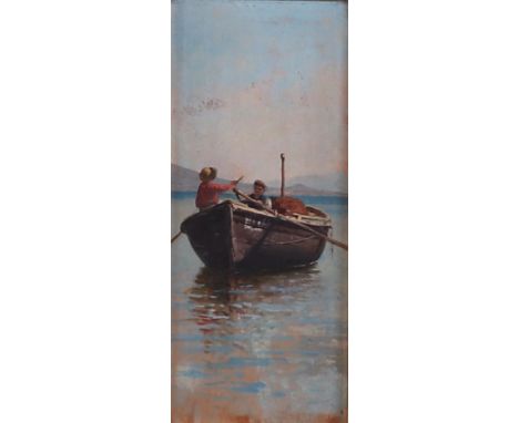 Italian School, ca. 1900. Italian fishing boys on a lake, oil on panel.23 x 9,5 cm. 