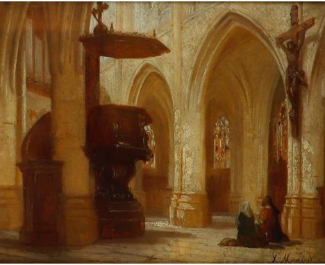 A. Mignet (?), 19th century, Church interior with figures, signed (lower right), oil on panel.26 x 32 cm. 