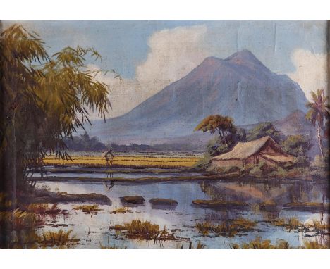 Indonesian school, ca. 1930, Sawa landscape with volcano, oil on canvas on panel, marouflé.33 x 46 cm. 