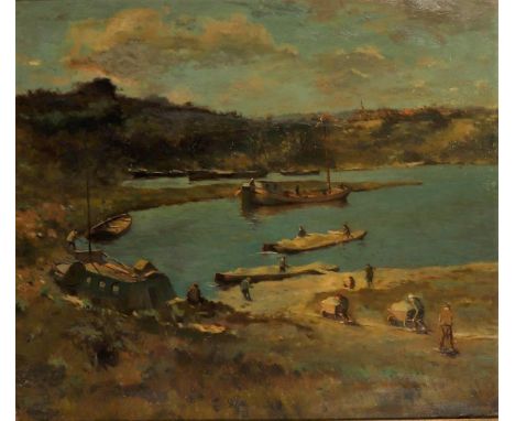Gerardus "Geert" Coenders (Zutphen 1919 - after 1982 Blaricum), Sand excavation with barges, a village in the distance, signe