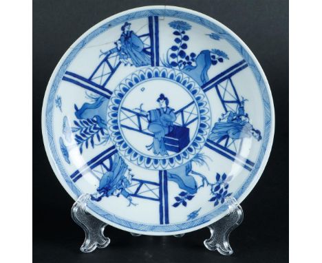 A porcelain dish with figures in divisions, marked on the back. China, Kangxi.Diam.: 15 cm.
