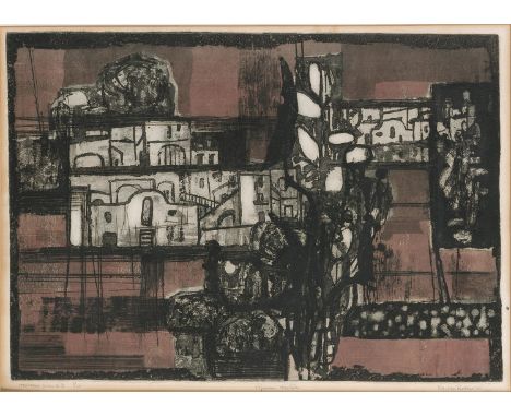 Ru vanRossum (Tilburg 1924 - 2007), Colored etching, Italian Island 2,1962 edition 5/35.38 x 50 cm. 