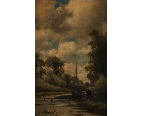 Willem Johannes Oppenoorth (Amsterdam 1847 - 1905 Utrecht), A moored boat near a house on the water, signed (blower right), o