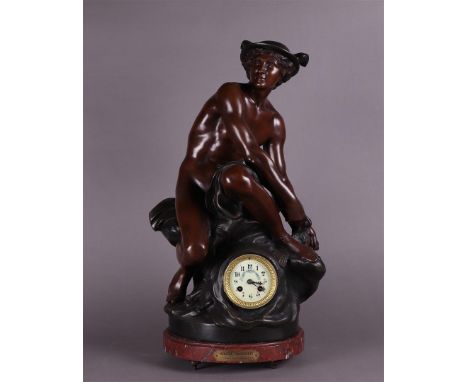 A French mantel clock with clock image after Jean-Baptiste Pigalle (1714 - 1785), Mercure attachant ses talonnières from 1744