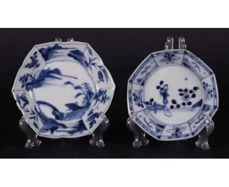 Two porcelain angled saucers (6-sided &amp; 8-sided) both with landscape decoration, one marked. Kangxi/Yongheng. diam. 12 &a