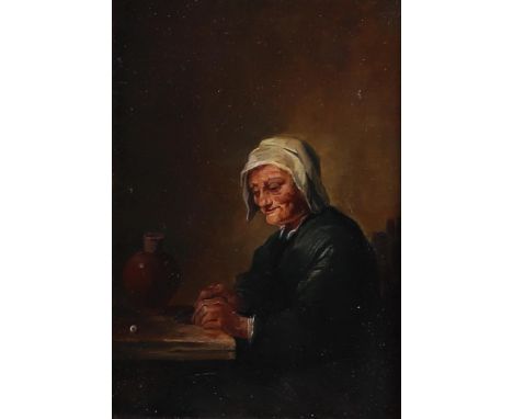 Dutch School, 20th century, Woman at the table, oil on panel.25 x 17 cm. 