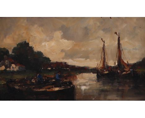 Willem Bos (Rotterdam 1906 – 1974 The Hague),&nbsp;Shipping on a river, signed (lower left), oil on panel.21 x 38 cm. 