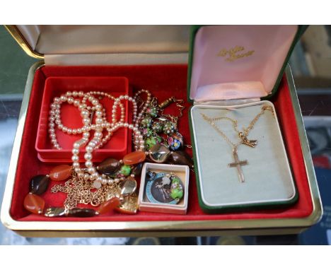 Collection of assorted Costume Jewellery and a 9ct Gold Cross on chain with K Necklace 