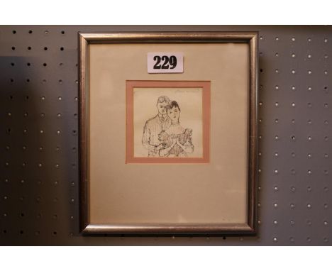 John Stanton Ward CBE (1917 – 2007)RWS RA Ink Portrait sketch of a couple embracing. 7.5cm x 7.5cm 