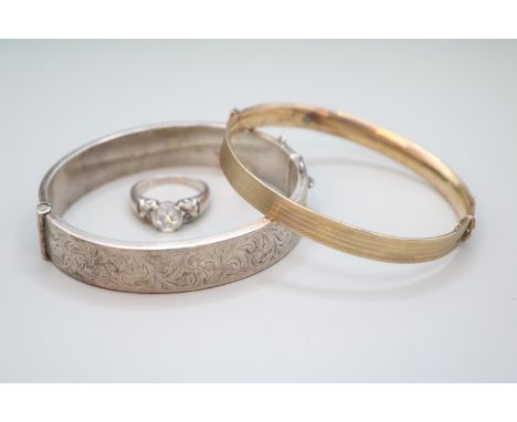 Gold Plated Bangle, Silver engraved Bangle and a Silver stone set ring 