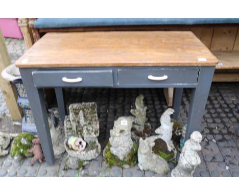 Vintage Stained top kitchen two drawer table with painted base 