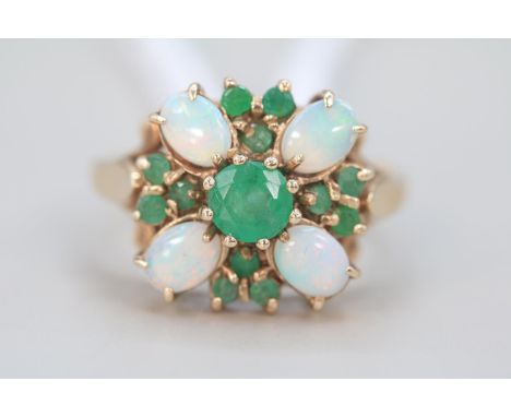 9ct Gold Ladies Emerald and Opal set Cluster ring Size L. 4g total weight 