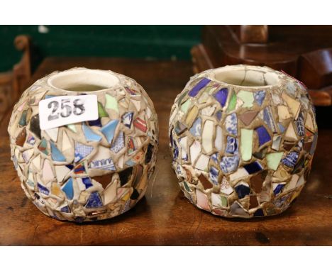 Pair of French Style Pique Assiette Mosaic Folk Art Vases 