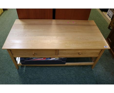 Modern Light Oak coffee table with 2 drawers and turned handles and glass under tier 