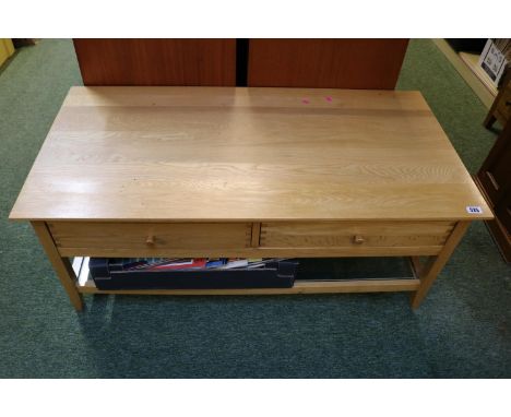 Modern Light Oak coffee table with 2 drawers and turned handles and glass under tier 