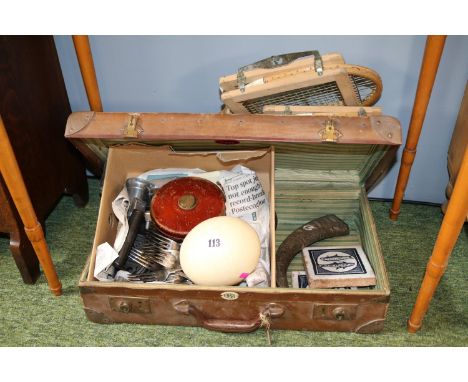 Case of assorted Bygones to include Ostrich Egg, Vintage Measure, Flatware, Tiles and Rackets 