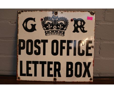 Antique G R Post Office Letter Box Enamel sign circa 1920, 30 x 28cm