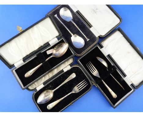 A cased George V silver Christening Spoon and Fork Set, hallmarked London, 1933, together with a similar Elizabeth II set, ha