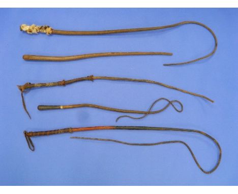 Tribal Art; A Collection of Vintage African hide Cow Whips, together with a leather sjambok (5)