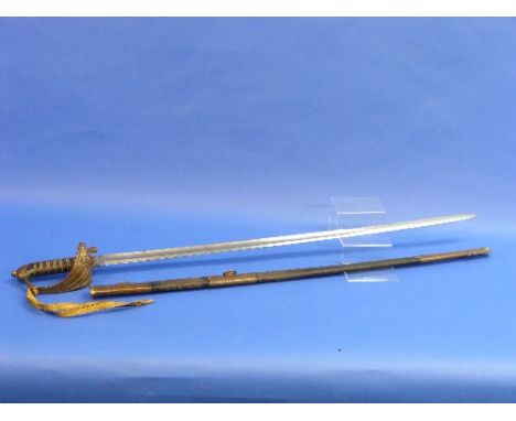 A Naval Officer's Sword, by E.Thurkle, Soho, London, in correct brass-mounted black leather scabbard. 