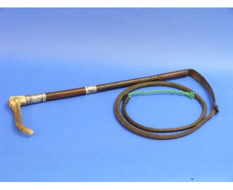 A 1920's Gentleman's silver-mounted Riding Whip, with stag horn handle and maker's button, the shaft mounted with two silver 
