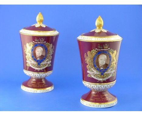 A pair of Spode Churchill vases and covers, issued in 1965, celebrating the life and achievements of Sir Winston Churchill, 1