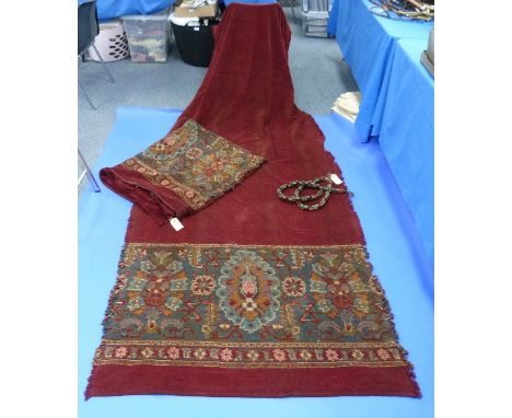 A pair of late 19thC /early 20thC heavy-chenille Door Curtains, the dark red ground with a broad band of woven geometric, Tur