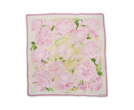 AN HERMÈS LES PIVOINES SILK SCARF Designed by Christiane Vauzelles. Featuring pink flowers. No box included.&nbsp; HERMÈS 90c