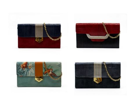 A GROUP OF FOUR DARSALA CLUTCH BAGS
Comprising: three 'Luv Yah' bags, with removable strap, including one with toucan and mon